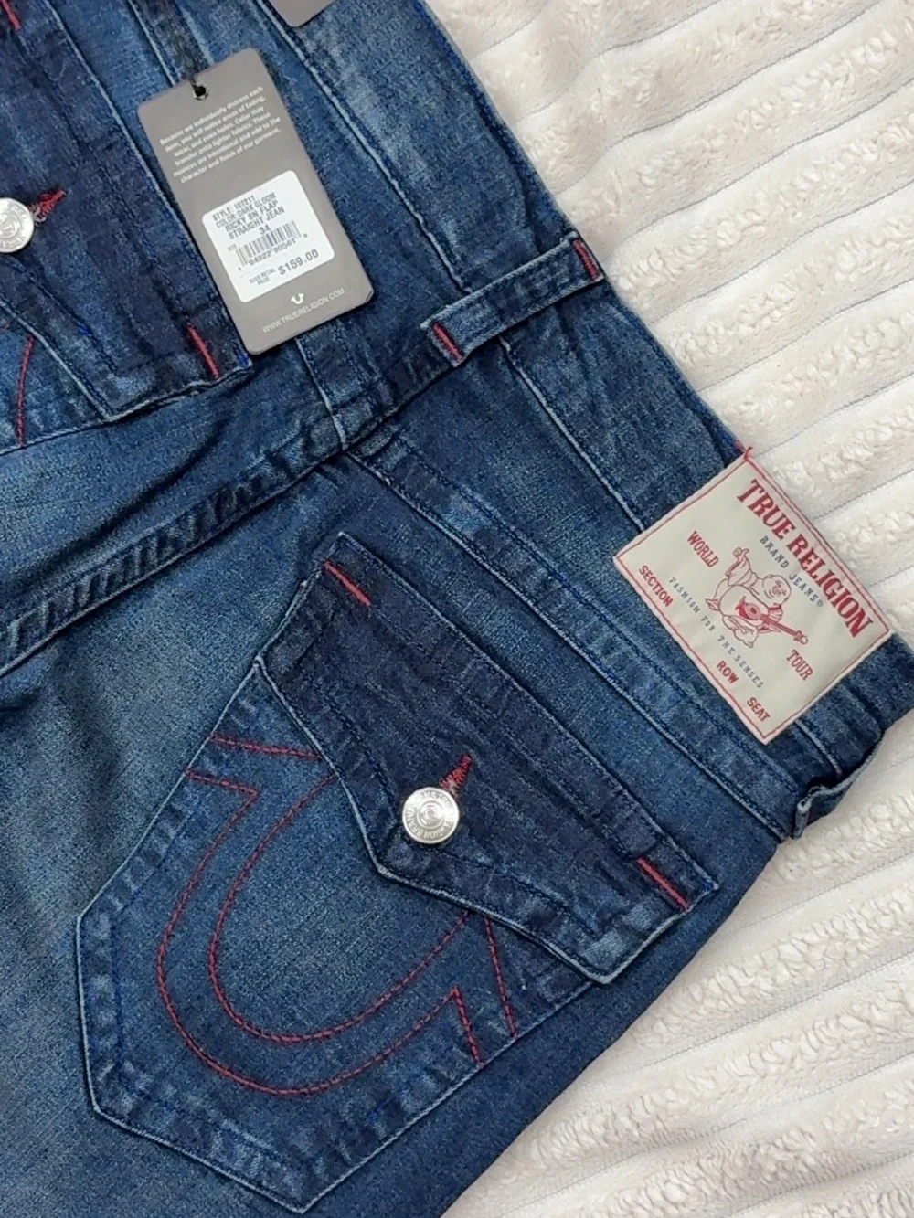 True Religion Men’s dark gloom Denim Jeans with Red Stitching